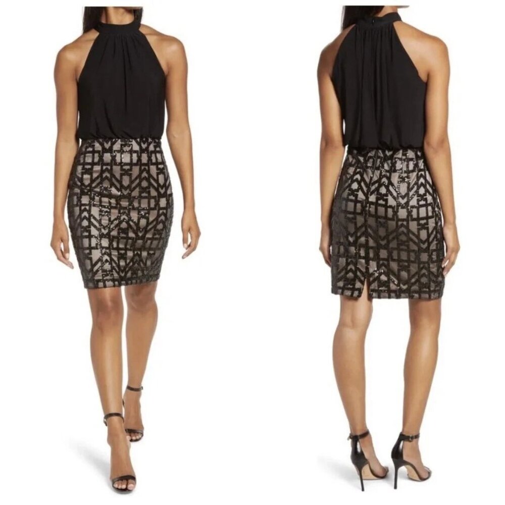 NWT Vince Camuto Women's 16 Sequin Black Tan Halter Neck Cocktail Dress